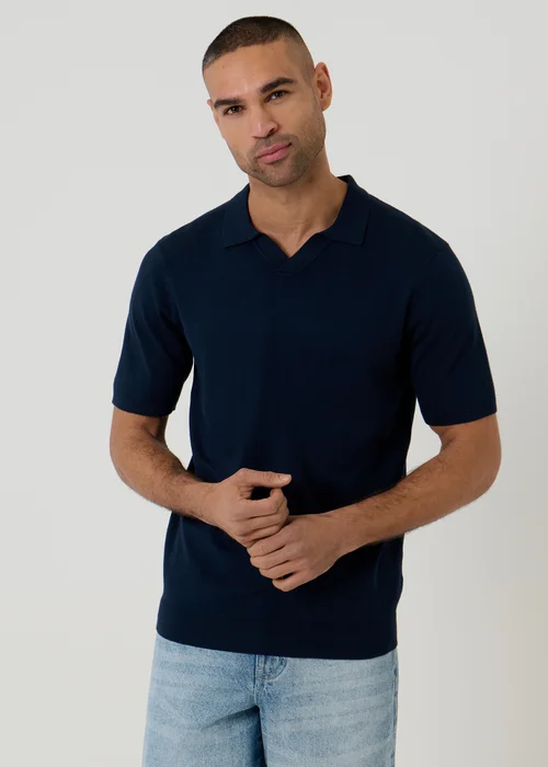 Threadbare Navy Knitted Short Sleeve Trophy Neck Polo - 2XL Image 1