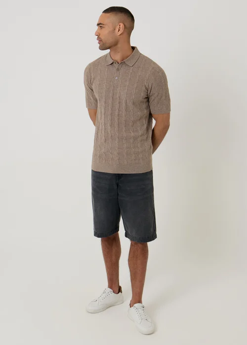Threadbare Taupe Cable Stripe Knitted Button Polo - L Image 3