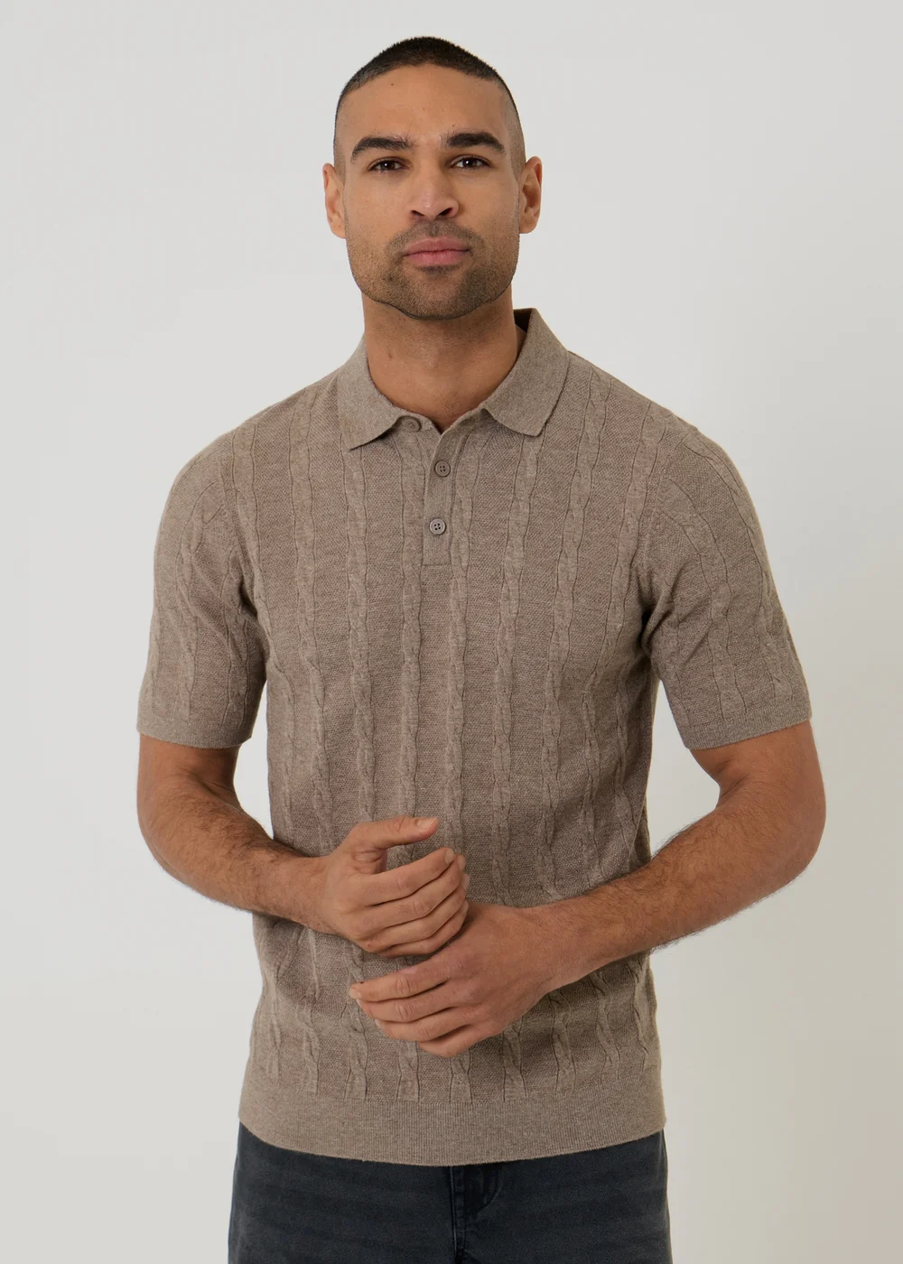 Threadbare Taupe Cable Stripe Knitted Button Polo - L Image 1