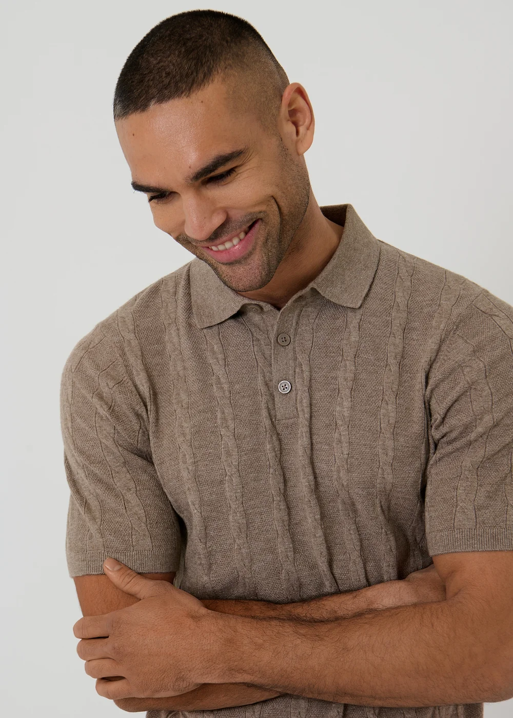 Threadbare Taupe Cable Stripe Knitted Button Polo - L Image 4