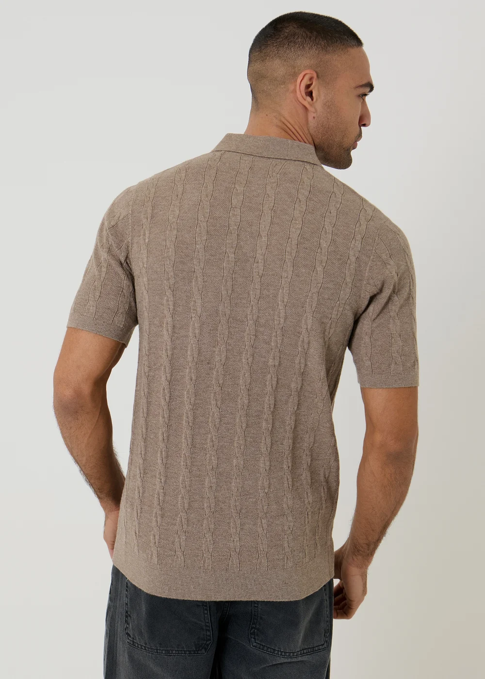 Threadbare Taupe Cable Stripe Knitted Button Polo - L Image 2