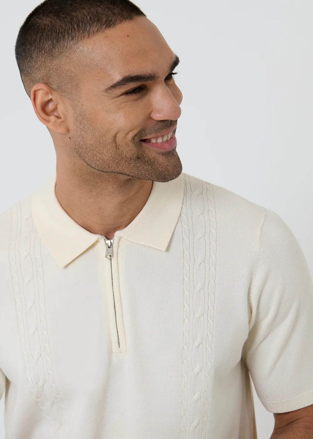 Threadbare Natural Cable Knit Quarter Zip Polo - 2XL Image 4