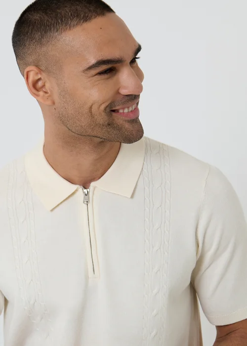 Threadbare Natural Cable Knit Quarter Zip Polo - 2XL Image 4