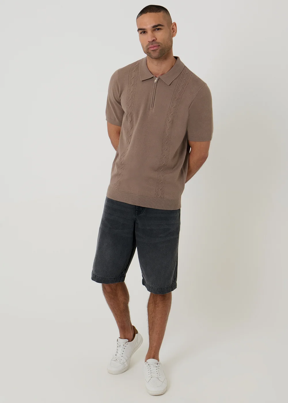 Threadbare Taupe Cable Knit Quarter Zip Polo - 2XL Image 3