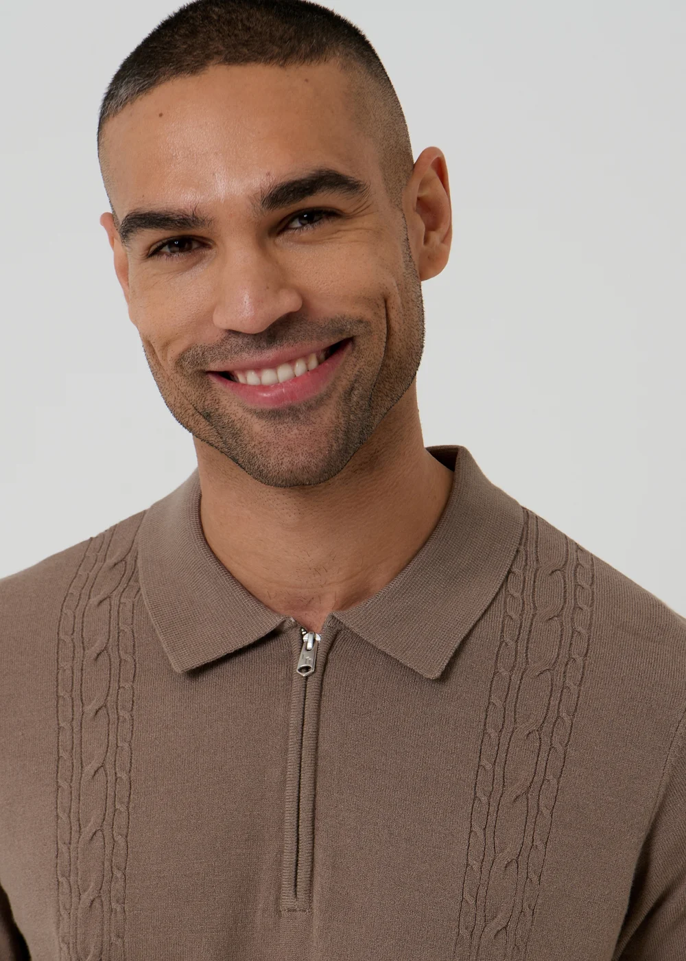 Threadbare Taupe Cable Knit Quarter Zip Polo - 2XL Image 4