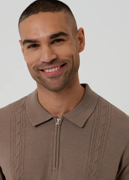 Threadbare Taupe Cable Knit Quarter Zip Polo - 2XL Image 4