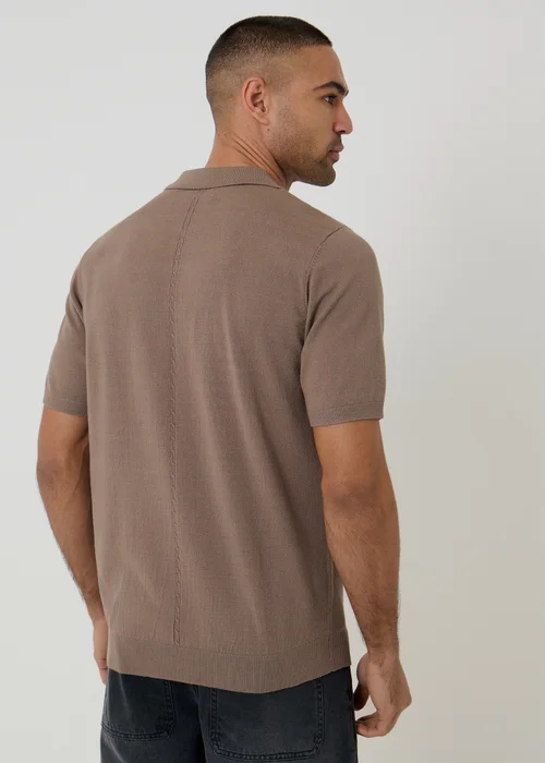 Threadbare Taupe Cable Knit Quarter Zip Polo - 2XL Image 2