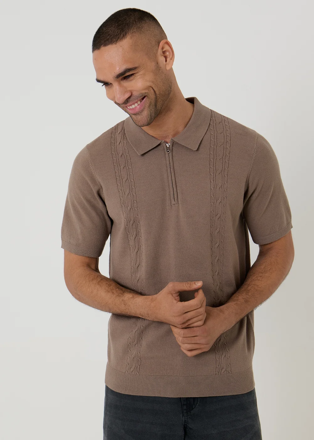 Threadbare Taupe Cable Knit Quarter Zip Polo - 2XL Image 1