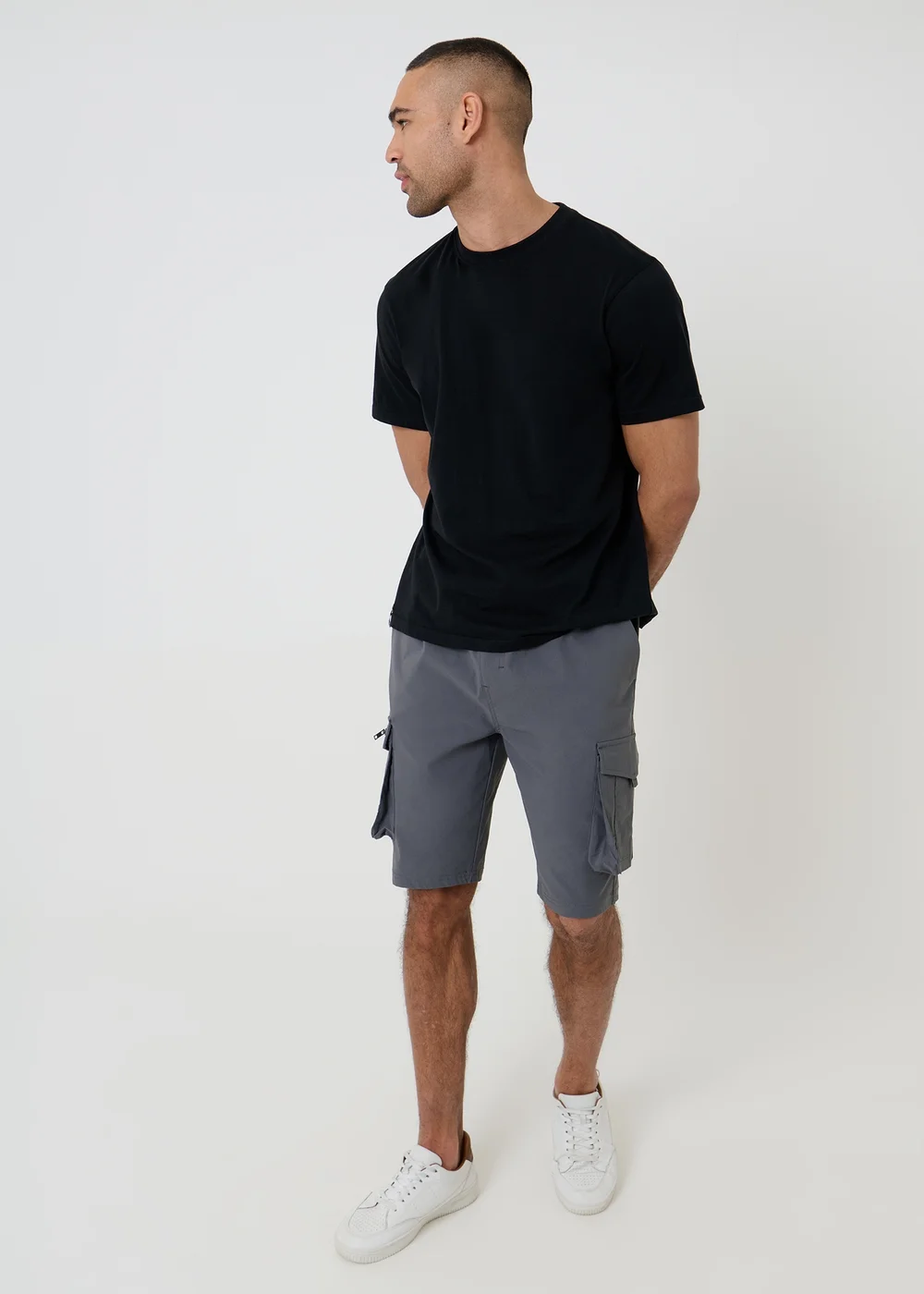 Threadbare Charcoal Elasticated Waist Stretch Cargo Shorts - M Image 3
