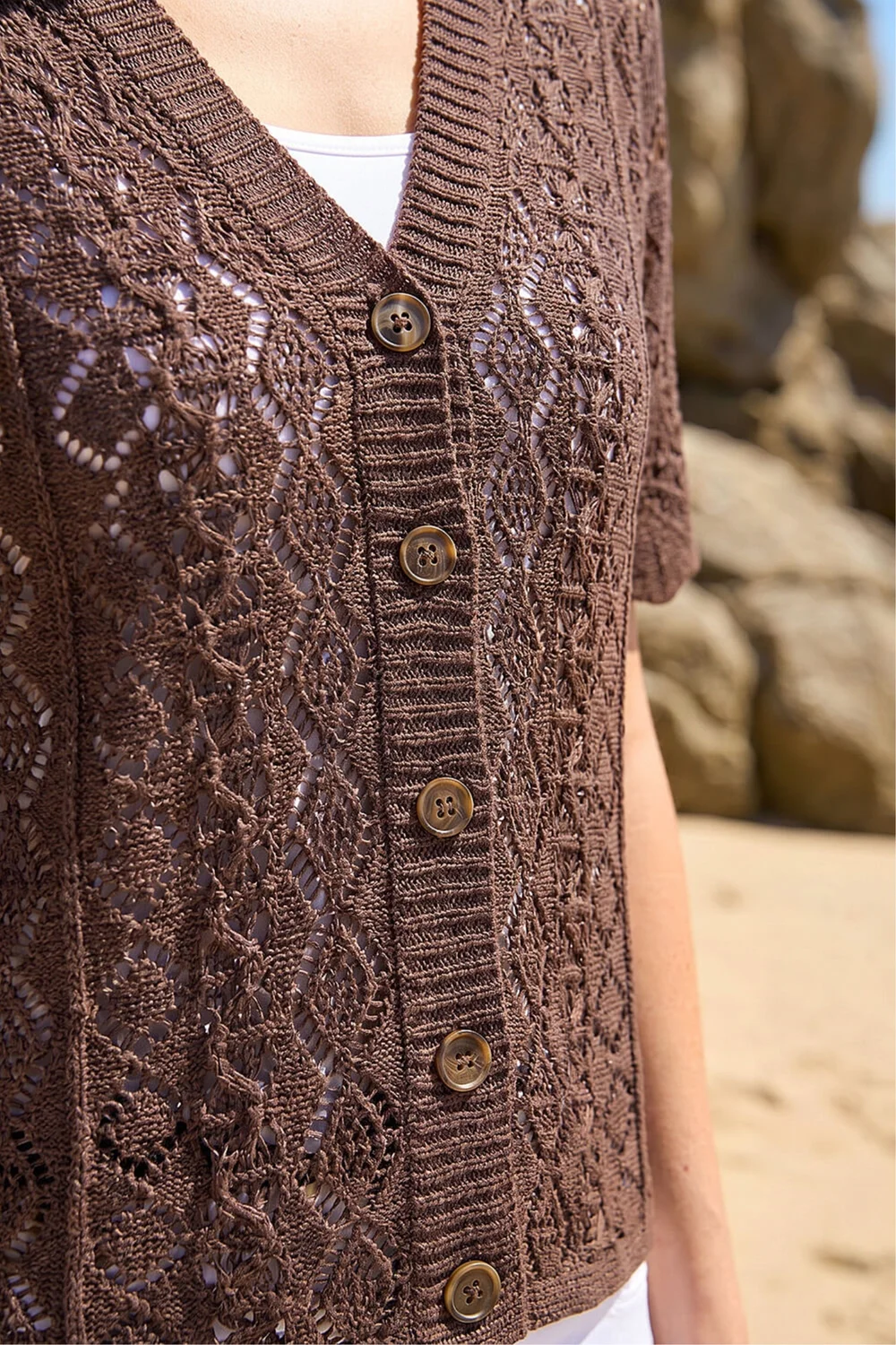 Roman Chocolate Stitch Detail V-Neck Knit Cardigan - 14 Image 4