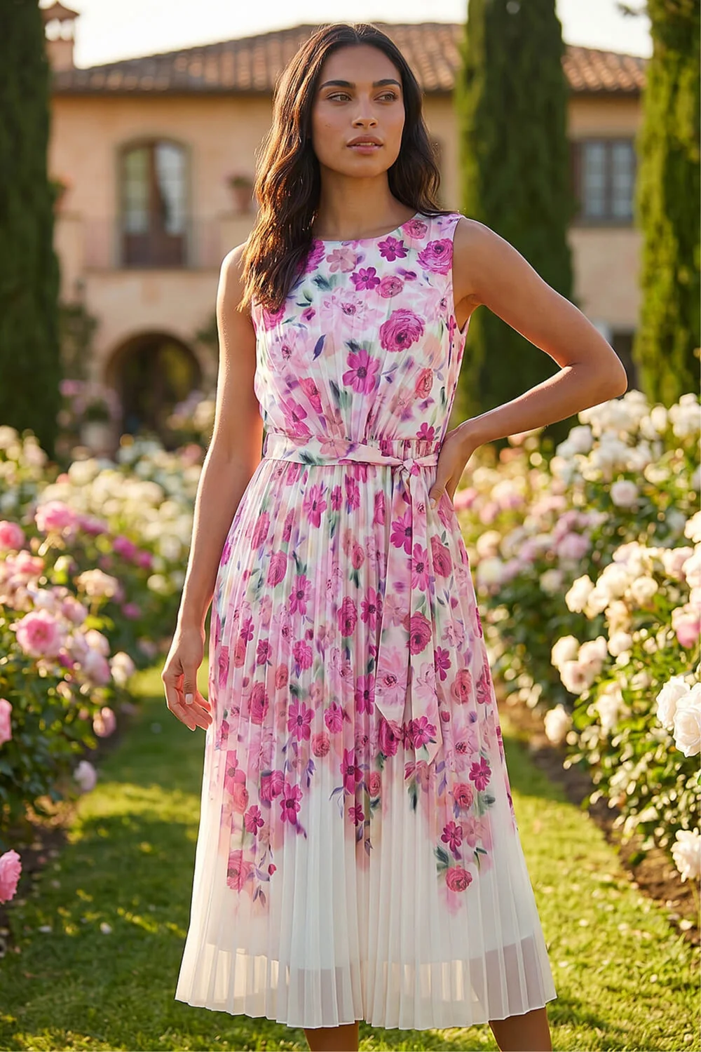 Roman Ivory Floral Pleated Midi Dress - 10 Image 1