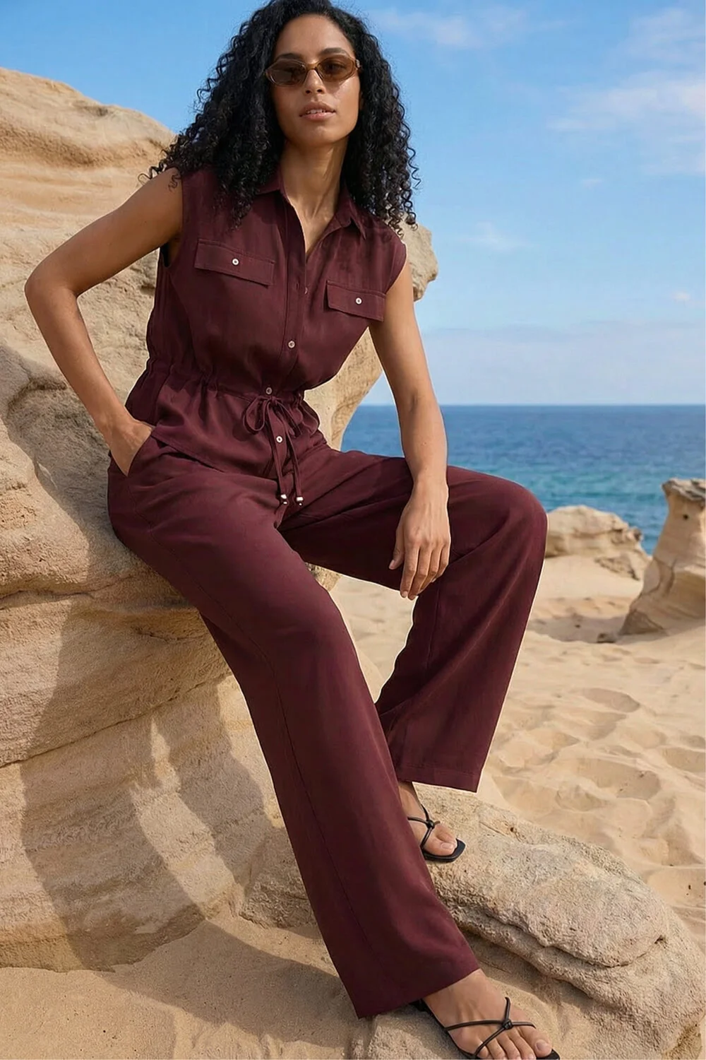Roman Chocolate Crepe Elasticated Waist Trouser - 14 Image 1