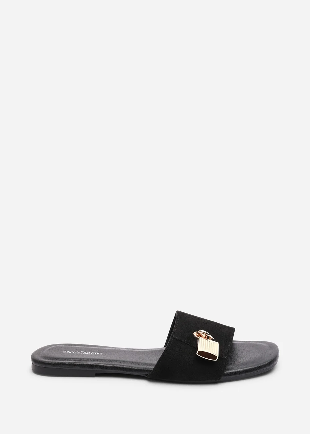 Where's That From Solana Gold Trim Flat Black Suede Slide On Sandal - 8 Image 2