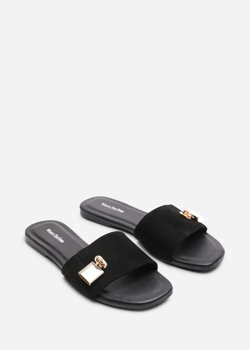 Where's That From Solana Gold Trim Flat Black Suede Slide On Sandal - 8 Image 4