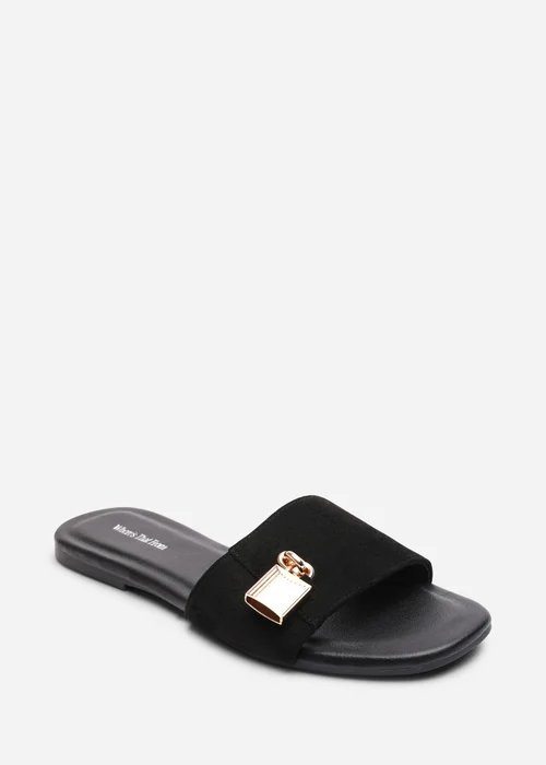 Where's That From Solana Gold Trim Flat Black Suede Slide On Sandal - 8 Image 3