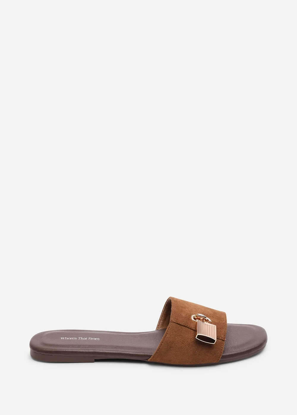 Where's That From Solana Gold Trim Cognac Faux Suede Slide On Sandal - 4 Image 1