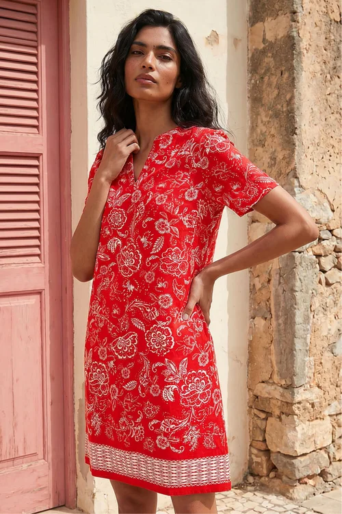 Roman Red Paisley Print Linen Blend Shift Dress - 12 Image 1