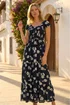Roman Black Shirred Floral Sweetheart Neck Dress - 14 Image 2