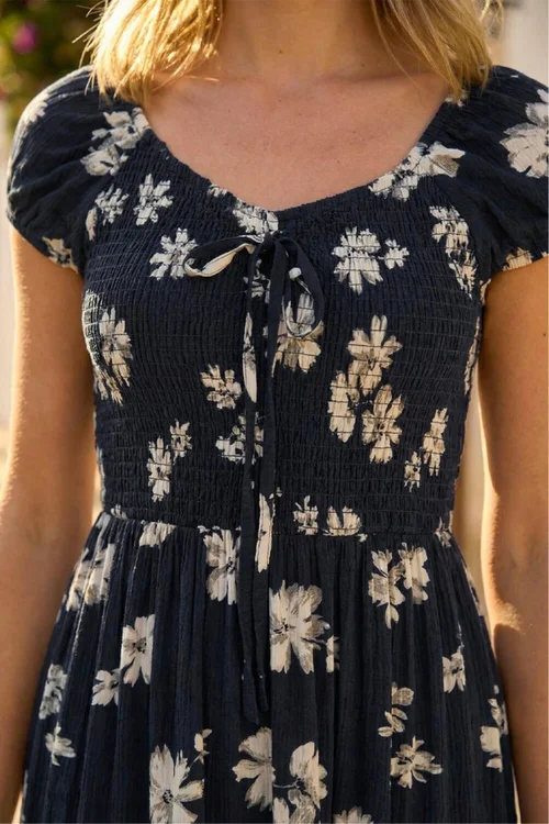Roman Black Shirred Floral Sweetheart Neck Dress - 14 Image 4