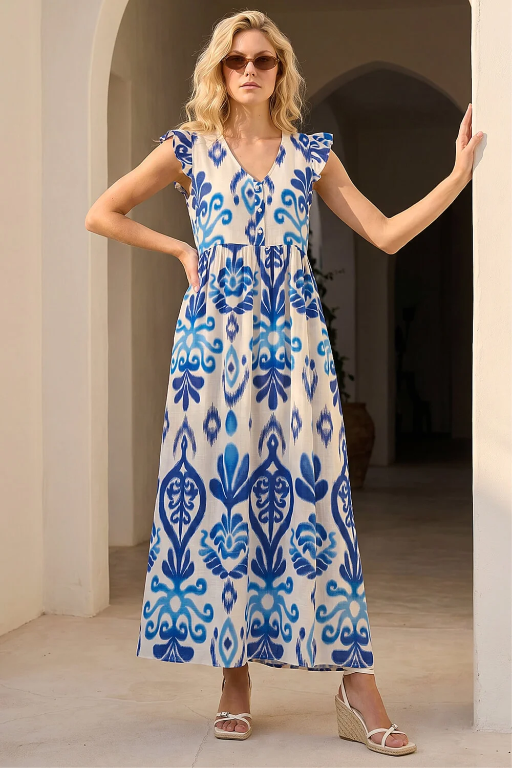 Roman Navy Abstract Print Frill Detail Midi Dress - 10 Image 3