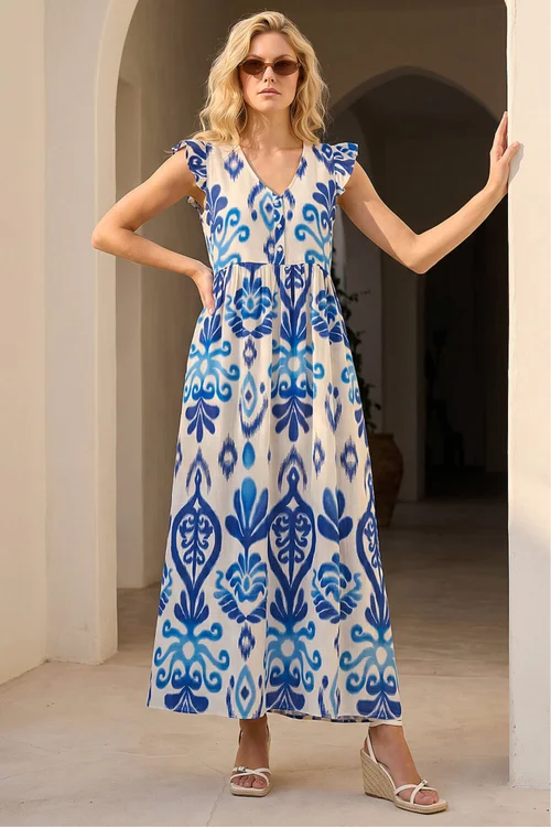 Roman Navy Abstract Print Frill Detail Midi Dress - 10 Image 3
