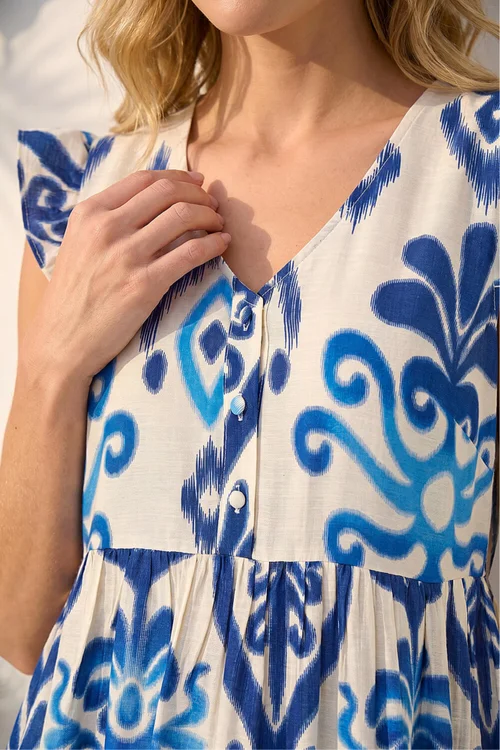 Roman Navy Abstract Print Frill Detail Midi Dress - 10 Image 4