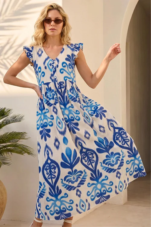 Roman Navy Abstract Print Frill Detail Midi Dress - 10 Image 1