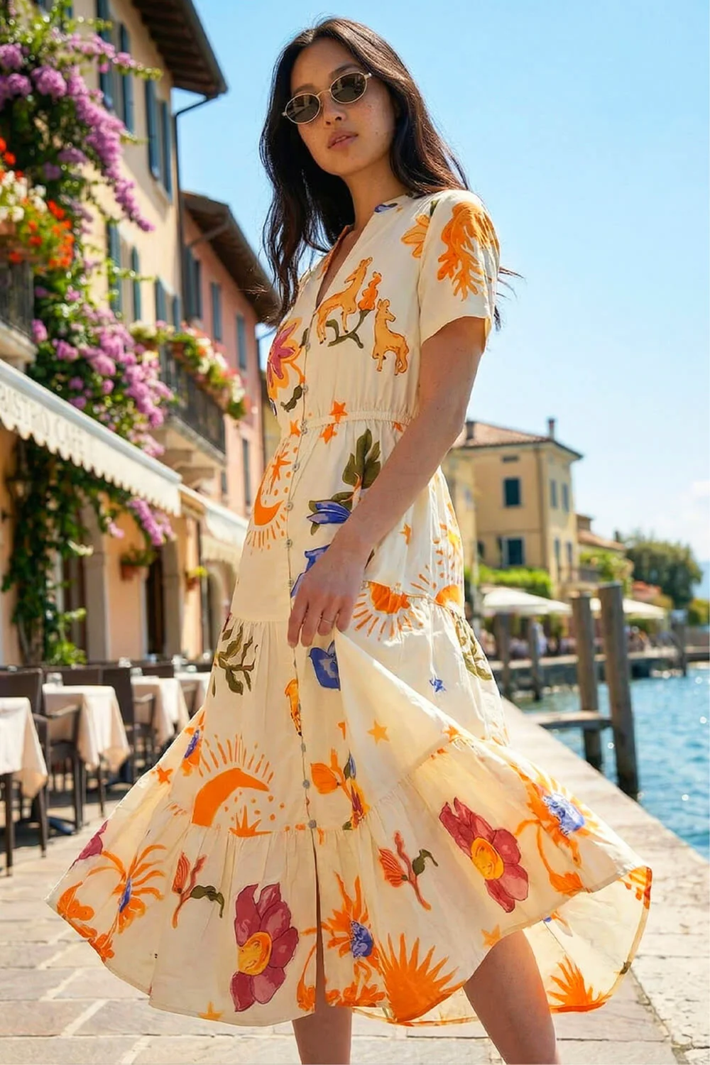Roman Ivory Petite Sunburst Print Tiered Dress - 16 Image 1