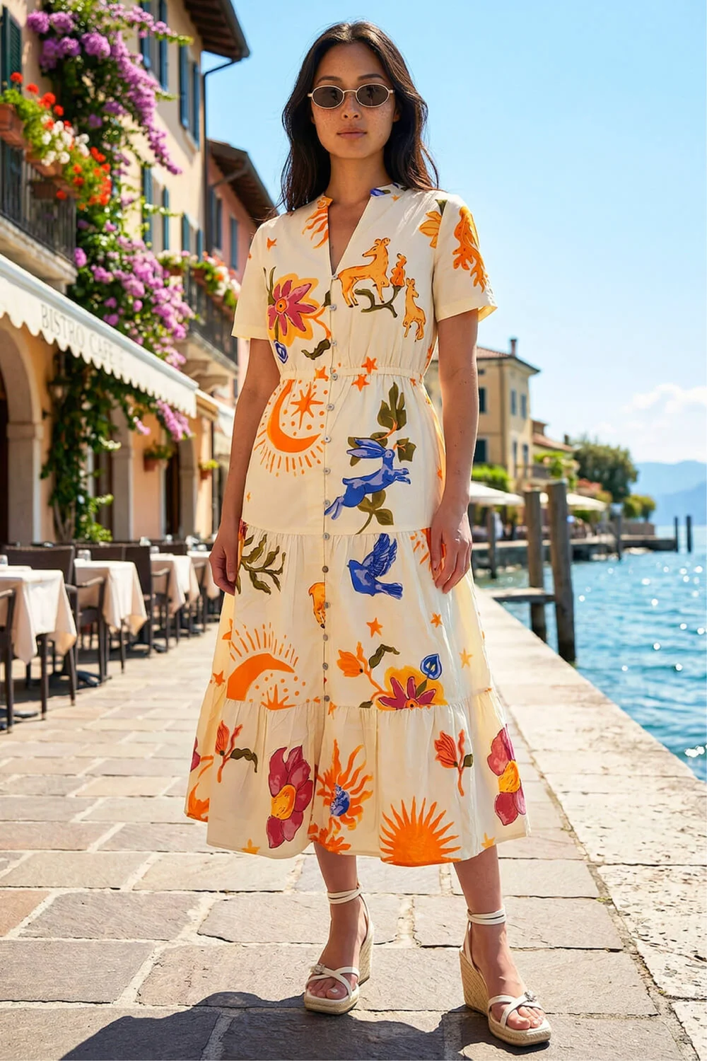 Roman Ivory Petite Sunburst Print Tiered Dress - 16 Image 4