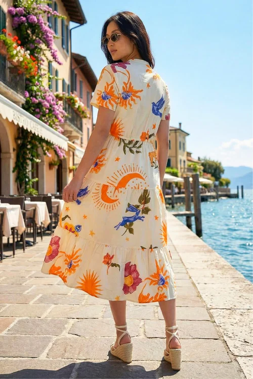 Roman Ivory Petite Sunburst Print Tiered Dress - 16 Image 2