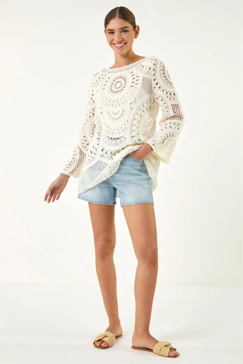 Roman Ivory Longline Crochet Knit Tunic - S Image 2