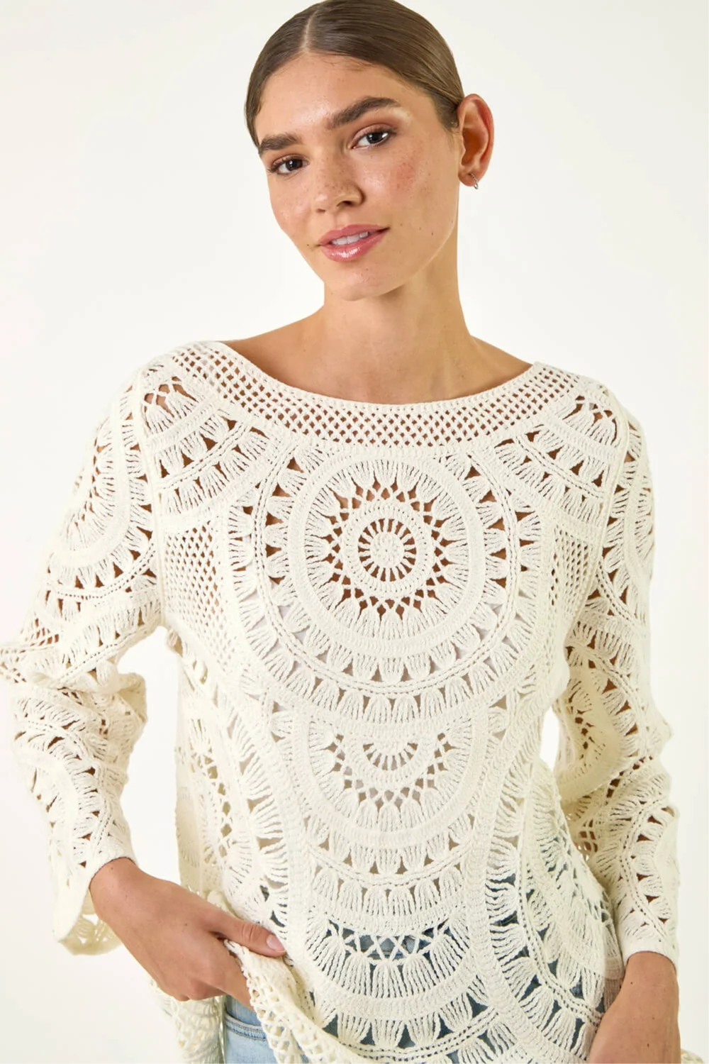 Roman Ivory Longline Crochet Knit Tunic - S Image 4