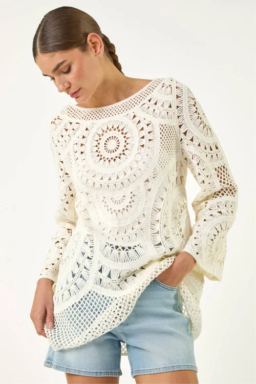 Roman Ivory Longline Crochet Knit Tunic - S Image 1