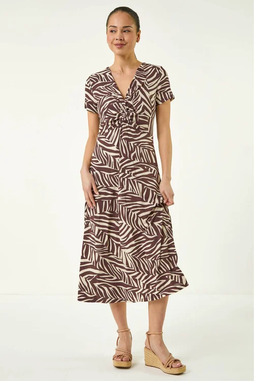 Roman Chocolate Petite Zebra Print Knot Midi Dress - 12 Image 2