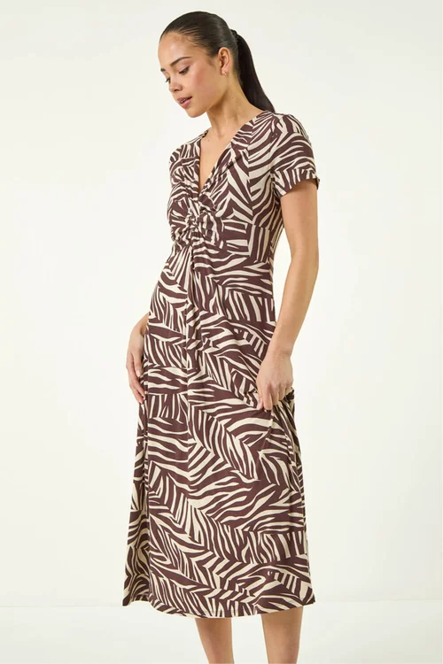 Roman Chocolate Petite Zebra Print Knot Midi Dress - 12 Image 4
