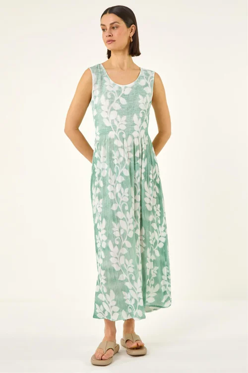 Roman Green Leaf Print Crinkle Midi Dress - 18 Image 2