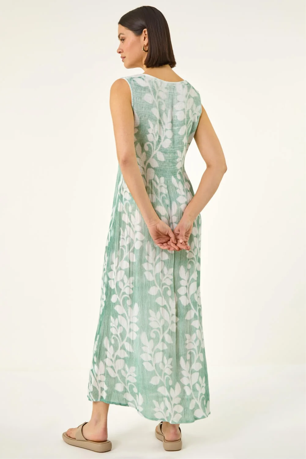 Roman Green Leaf Print Crinkle Midi Dress - 18 Image 3