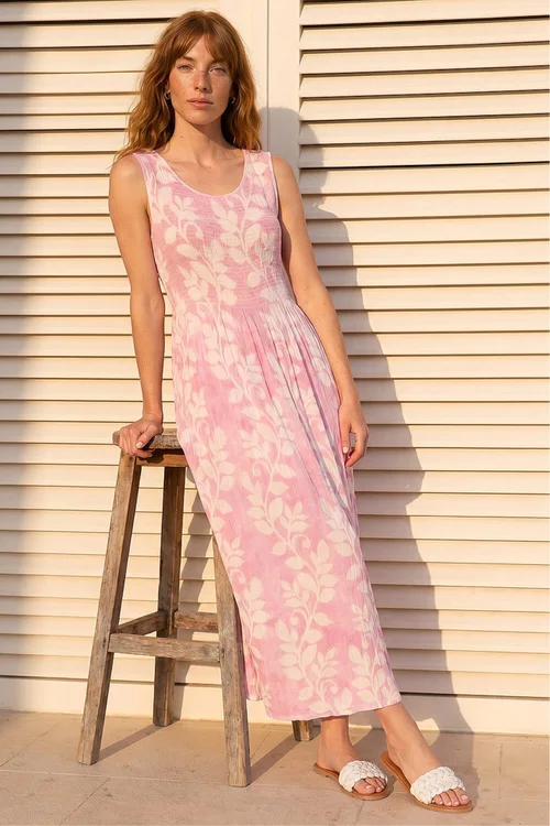 Roman Pink Leaf Print Crinkle Midi Dress - 18 Image 2