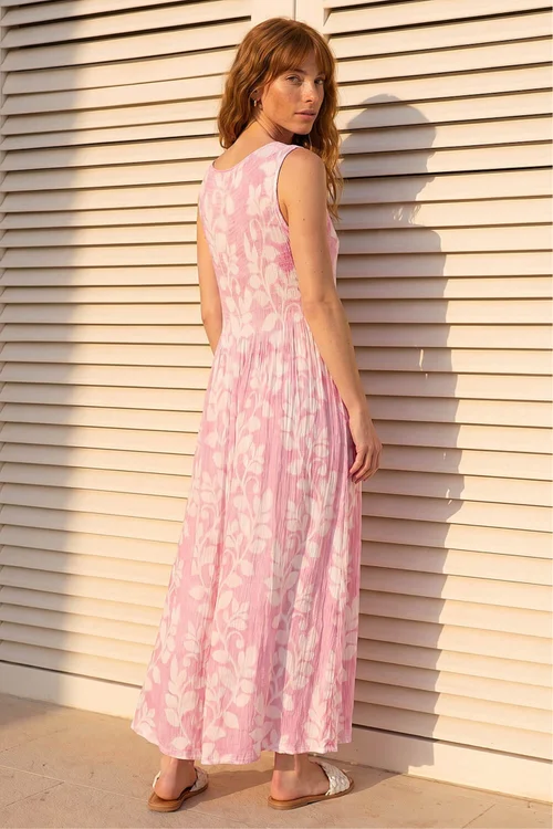 Roman Pink Leaf Print Crinkle Midi Dress - 18 Image 3