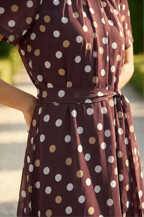 Roman Brown Polka Dot Pleat Neck Midi Dress - 12 Image 4