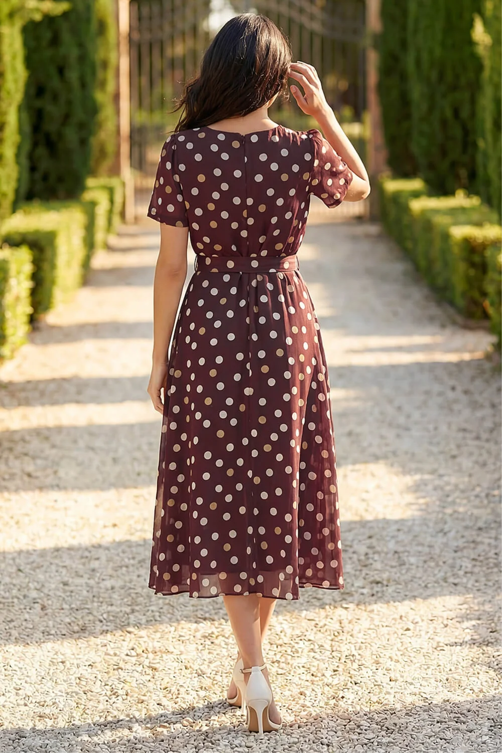 Roman Brown Polka Dot Pleat Neck Midi Dress - 12 Image 3