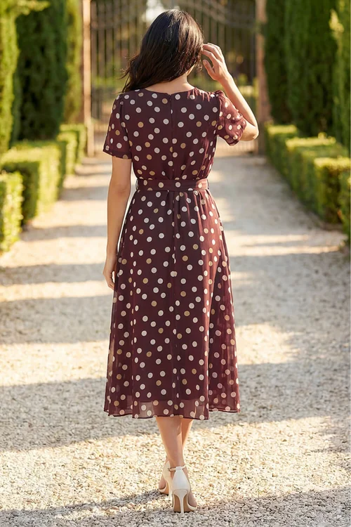 Roman Brown Polka Dot Pleat Neck Midi Dress - 12 Image 3