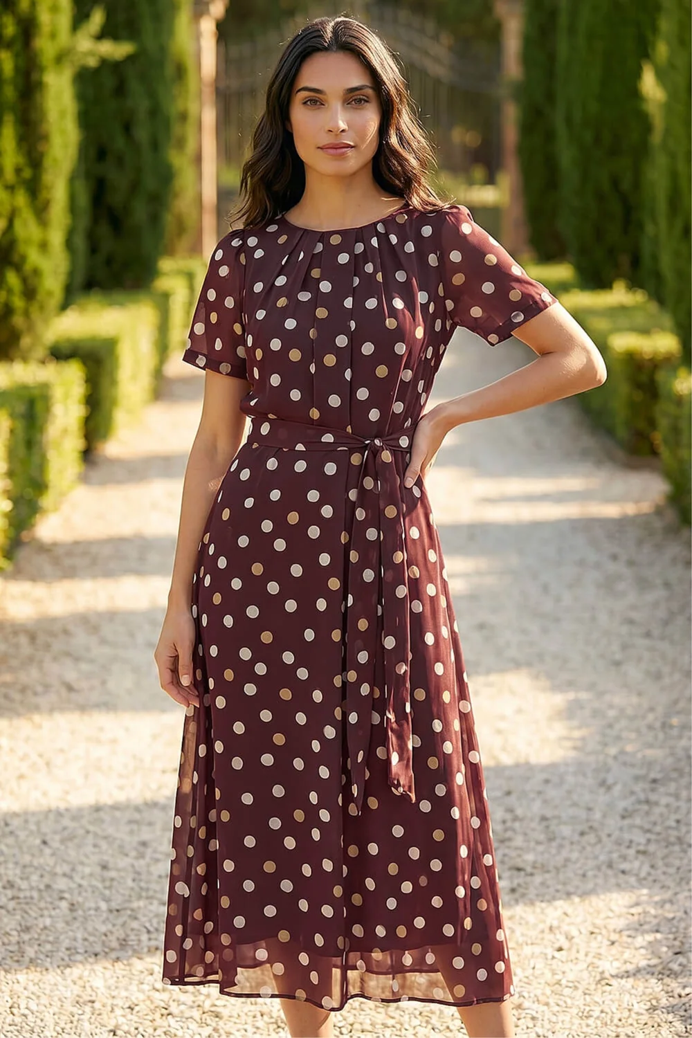 Roman Brown Polka Dot Pleat Neck Midi Dress - 12 Image 2