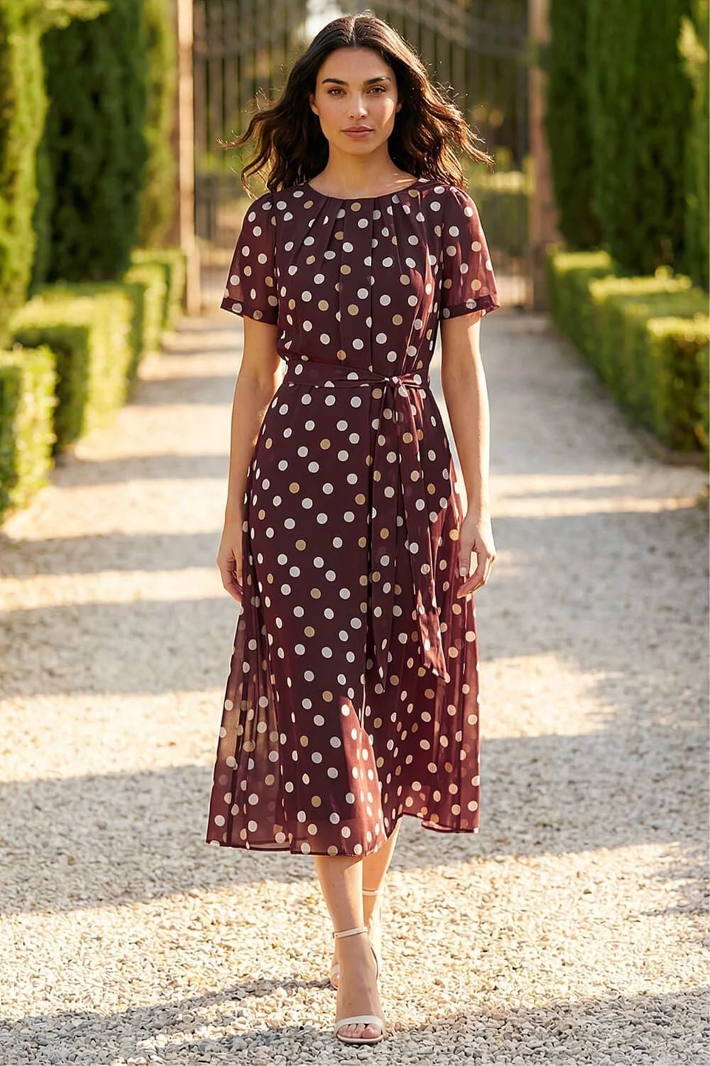Roman Brown Polka Dot Pleat Neck Midi Dress - 12 Image 1