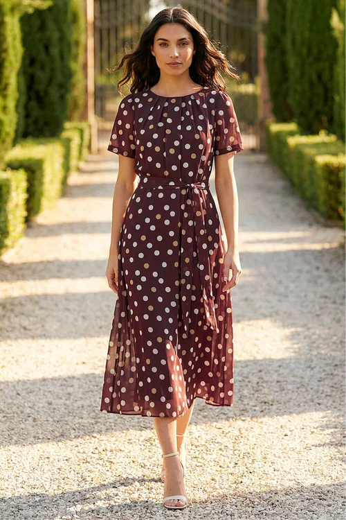 Roman Brown Polka Dot Pleat Neck Midi Dress - 12 Image 1