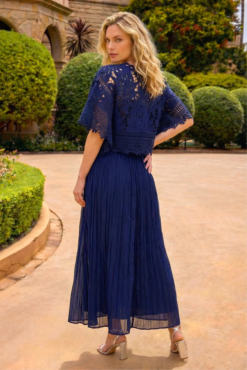 Roman Navy Crochet Overlay Maxi Dress - 14 Image 3