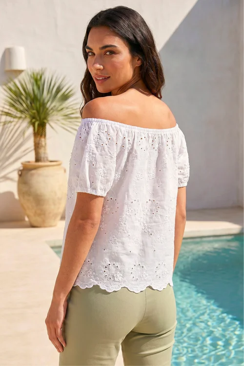 Roman Ivory Floral Embroidered Bardot Top - 10 Image 2