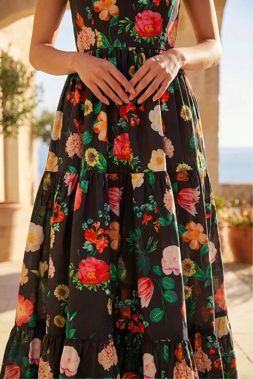 Roman Black Floral Print Tiered Midi Dress - 14 Image 4
