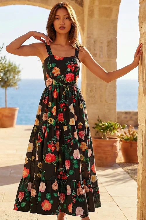 Roman Black Floral Print Tiered Midi Dress - 14 Image 1