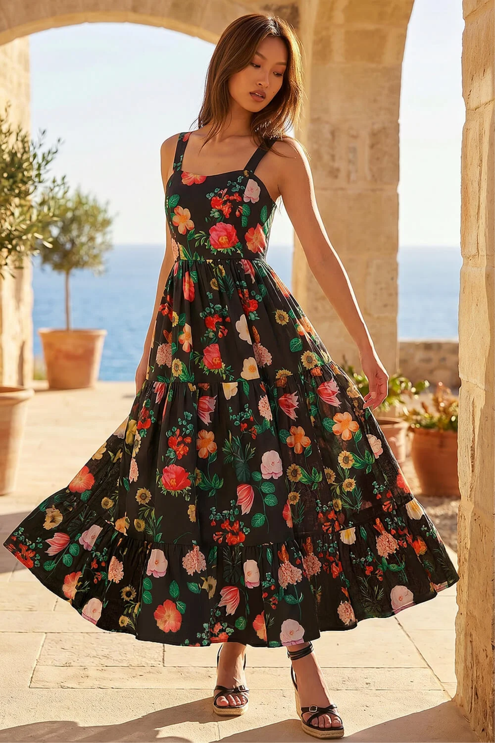 Roman Black Floral Print Tiered Midi Dress - 14 Image 2